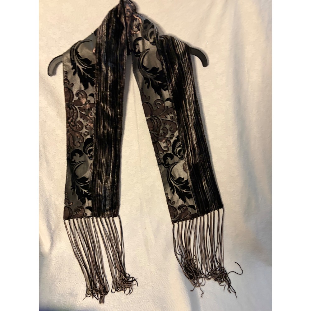 Vintage Velvet Burnout 90s Bohemian Fairy GrungeBrown Charcoal Fringe Wrap Scarf